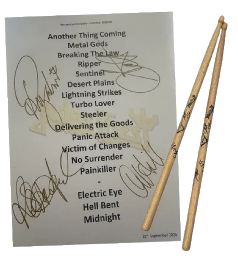 Win a signed Judas Priest setlist and pair of drumsticks
