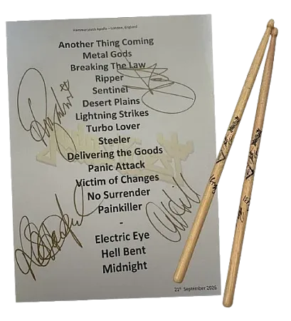 Prize image for Win a signed Judas Priest setlist and pair of drumsticks