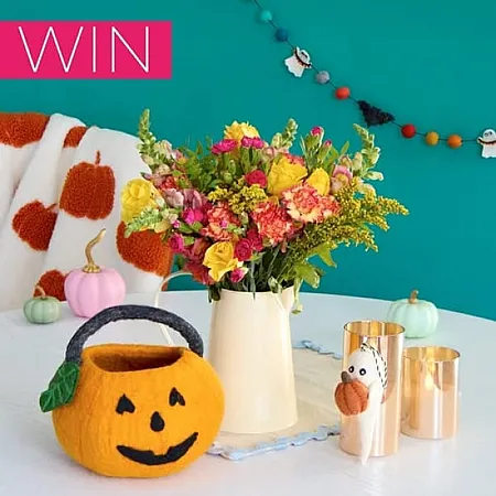 Prize image for Win a Blaze of Joy Bouquet & Ghost, Bat & Pumpkin Basket, Garland Decorations!