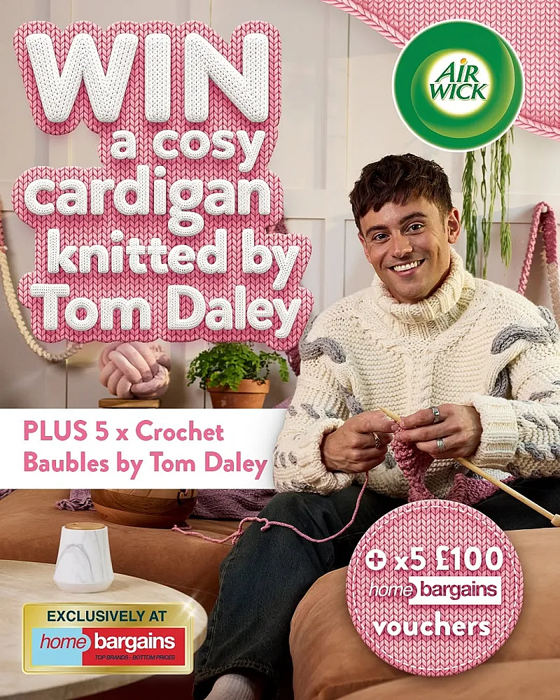 Win a cosy cardigan hand-knitted by Tom Daley + £100 Home Bargains voucher