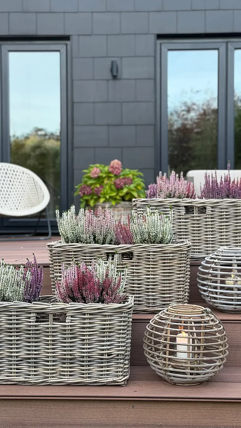 Win 3 Grey & Buff Console Wicker Storage Baskets and 2 Lanterns