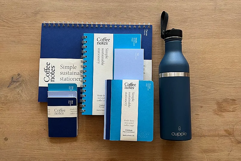 Win Coffeenotes stationery and Cupple’s 2-1 water bottle and coffee cup.