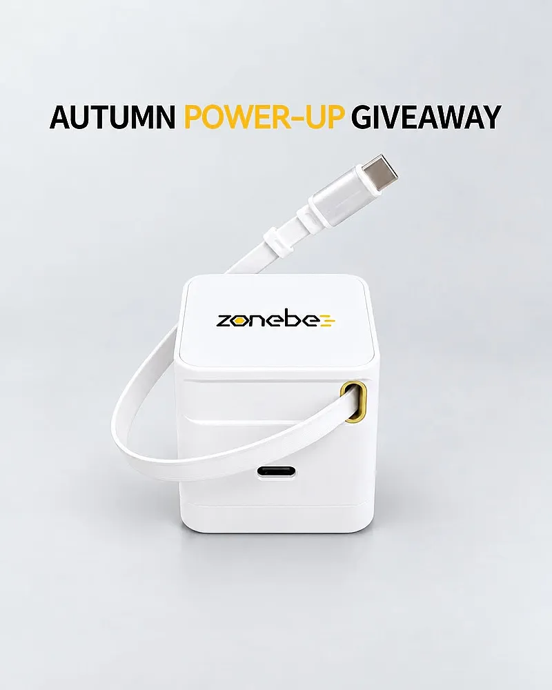 Win Zonebee 65W Ultra-Fast Charger with Retractable Cable (UK Plug, White)