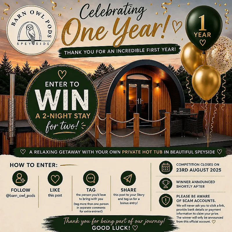 Win a 2-Night Stay for Two at Barn Owl Pods, Speyside