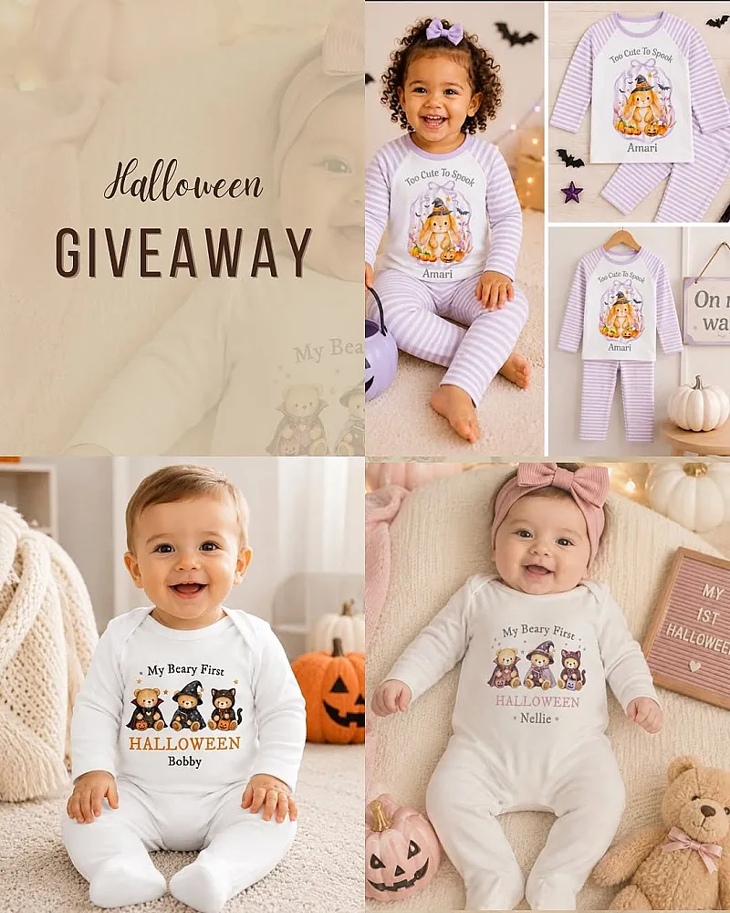 Win Personalised Halloween Pyjamas or Baby Grow Vest & Bib Set