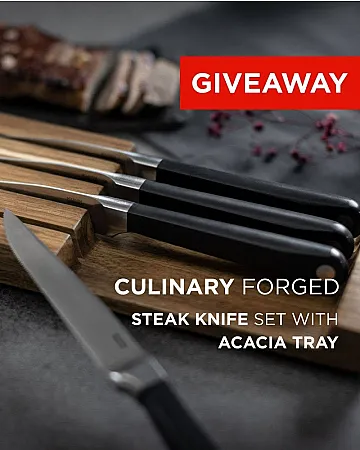 Win a Steak Knife Set 4pc Incl. Acacia Tray